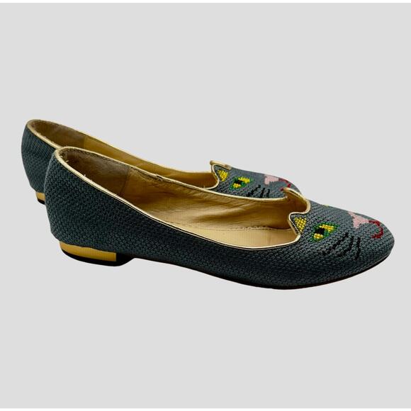 Charlotte Olympia Iconic Raffia Grey Kitty Flats Size 38 Rare ASO Taylor Swift - Picture 5 of 8